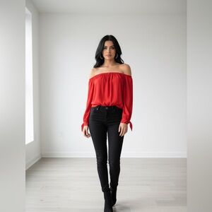 Premise Studio Red Off-The-Shoulder Blouse Size M | Tie-Sleeve Bardot Top Boho